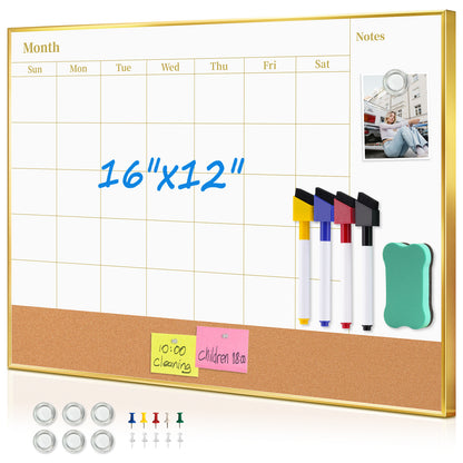 Whiteboard Calendar White Board Magnetic Dry Erase Board Cork Board Combo 16x12 inchs Reusable Monthly Planner for Wall