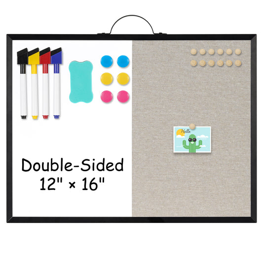 Dry Erase Board Bulletin Board Combo Vision Board, 12"x16" Combination Magnetic Whiteboard & Fabric Board