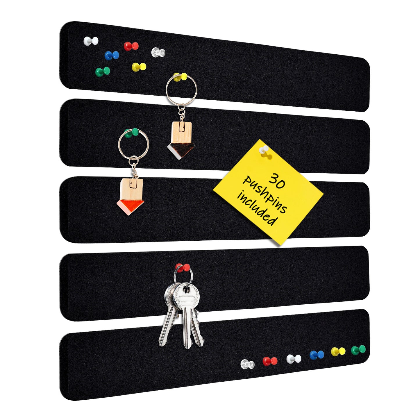 5 Pcs Felt Cork Board Strips, 0.5" Thick, Self-Adhesive 13"x 2" with 30 Pushpins, Black