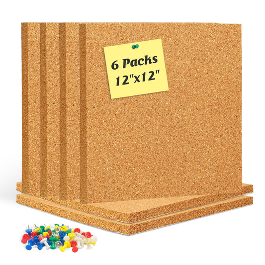 Cork Board Tiles, 6 Packs 12" x 12" 1/2" Thick, Self Adhesive with 60 Pushpins