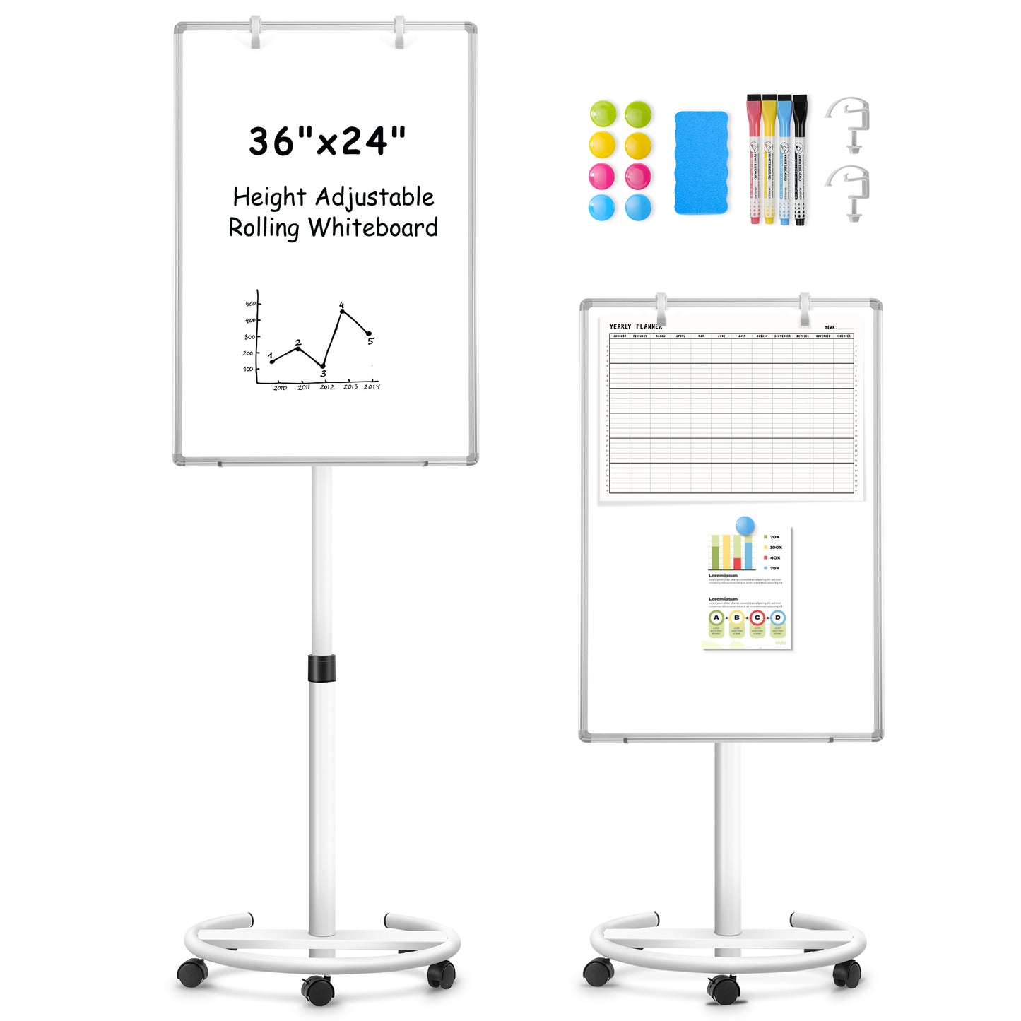 Mobile Whiteboard 36 x 24 inches Portable Magnetic Dry Erase Board, Height Adjustable 3' x 2' Standing Easel White Board
