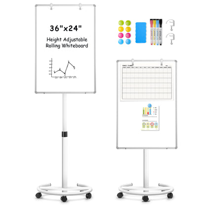 Mobile Whiteboard 36 x 24 inches Portable Magnetic Dry Erase Board, Height Adjustable 3' x 2' Standing Easel White Board