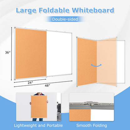 Foldable Cork Board Whiteboard Combo Double-Sided, Large Bulletin Board with 20 Pins 3 Markers 8 Magnets 1 Eraser