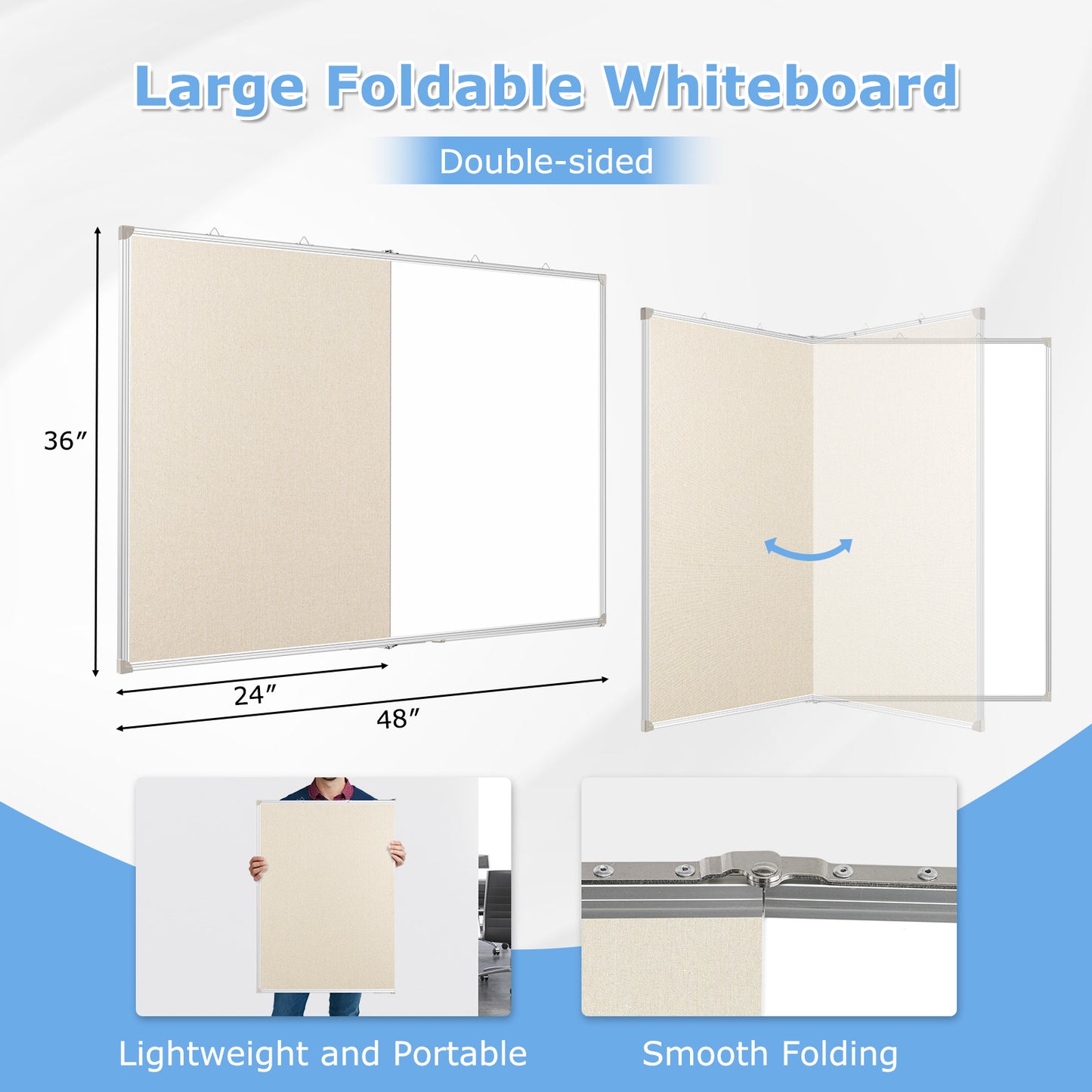 Foldable Linen Cork Board White Board Combo Double-Sided, Extra Large with 20 Pins 3 Markers 8 Magnets 1 Erase, White