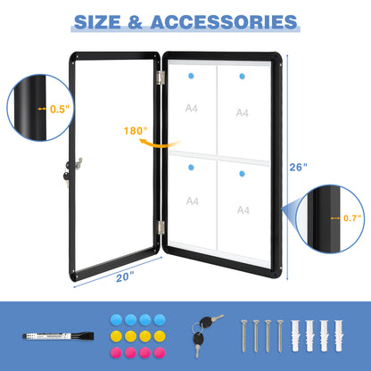 Tamperproof Lockable Magnetic Dry Erase Board 26"x20" Enclosed Notice Board, Black
