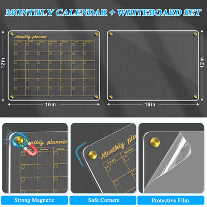Acrylic Calendar for Fridge, 2 Pack 12"x16" Clear Fridge Calendar Monthly Clear Acrylic Plan Board