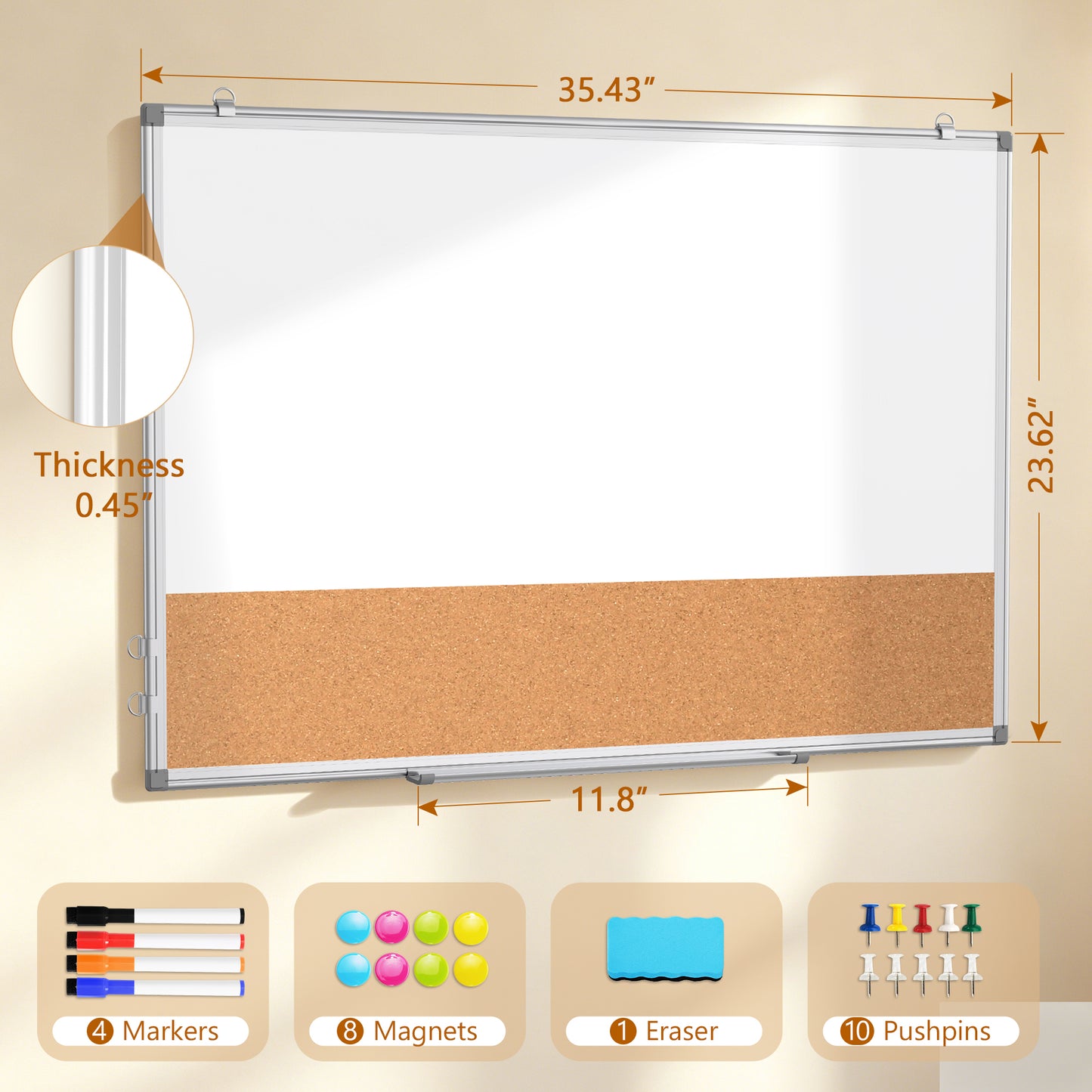 Dry Erase Board Double-Sided Whiteboard Cork Board Combo for Wall,  24" x 18", 36" x 24" Dry Erase White Board Corkboard Combination