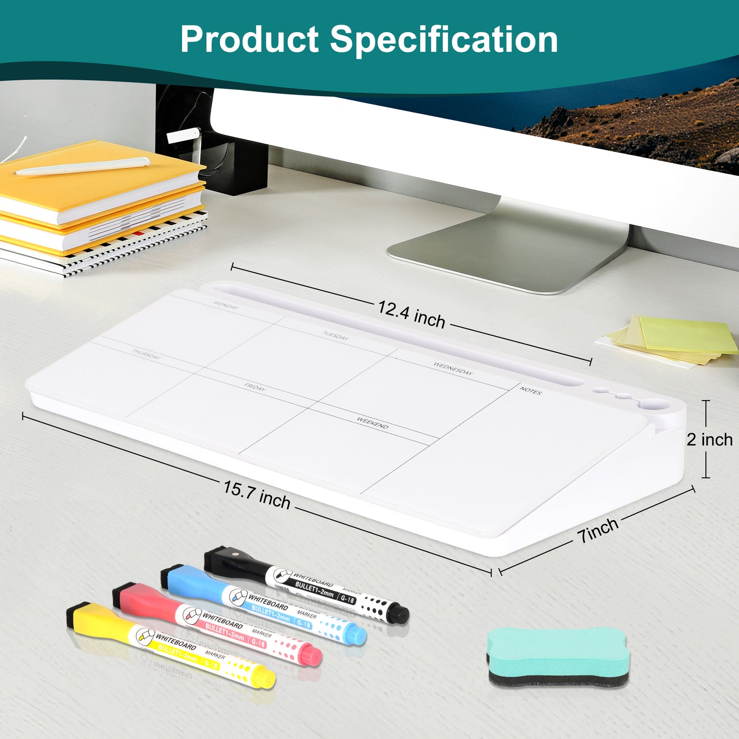 Glass Desktop Whiteboard with Storage, Dry Erase Glass Board Weekly Calendar