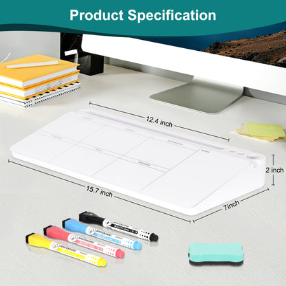Glass Desktop Whiteboard with Storage, Dry Erase Glass Board Weekly Calendar