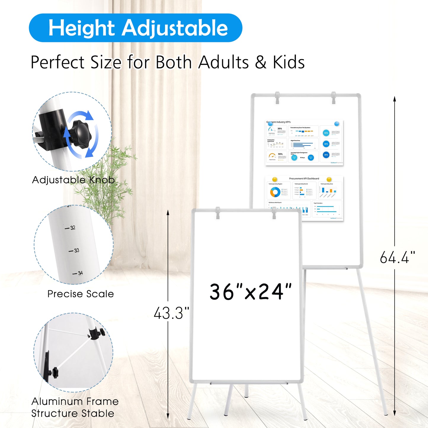 Whiteboard Easel with Stand 36" x 24" Height Adjustable Tripod Stand Portable Magnetic Dry Erase White Board, Sliver