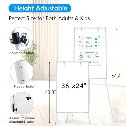 Whiteboard Easel with Stand 36" x 24" Height Adjustable Tripod Stand Portable Magnetic Dry Erase White Board, Sliver