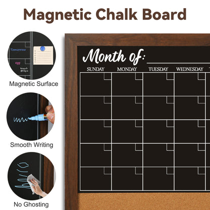 Chalkboard Calendar Corkboard Combo, Magnetic Monthly Planner with 2 Markers 6 Magnets 4 Pushpins