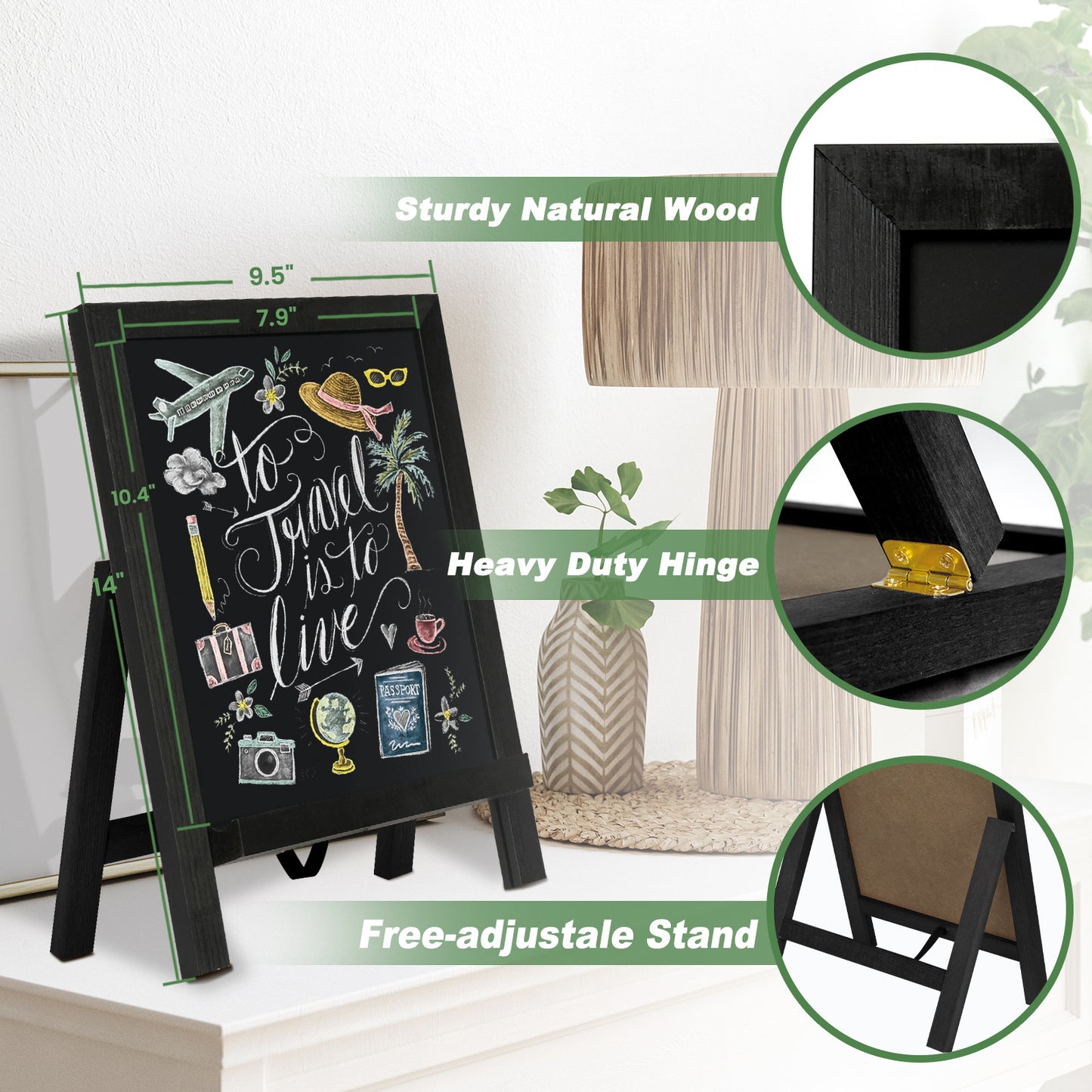 Small Tabletop Chalkboard Signs, 9.5" x 14" Magnetic Chalk Board with Stand Wood Frame-Black