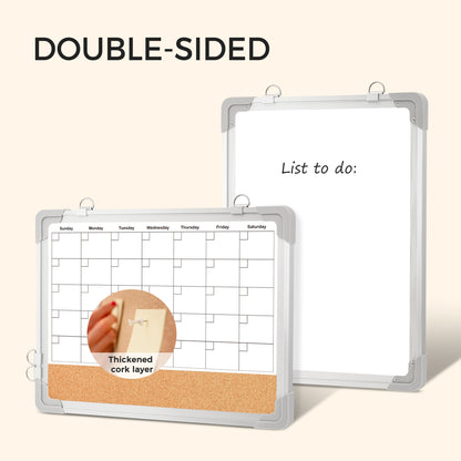 White Board Calendar Cork Board Combo, 16" x 12", Double-Sided with 8 Markers 8 Magnets 10 Pins-Silver