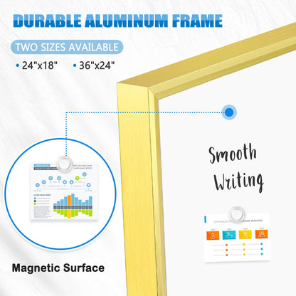 Magnetic Whiteboard for Wall, Gold Frame Dry Erase Board with 4 Markers 6 Magnets 1 Eraser