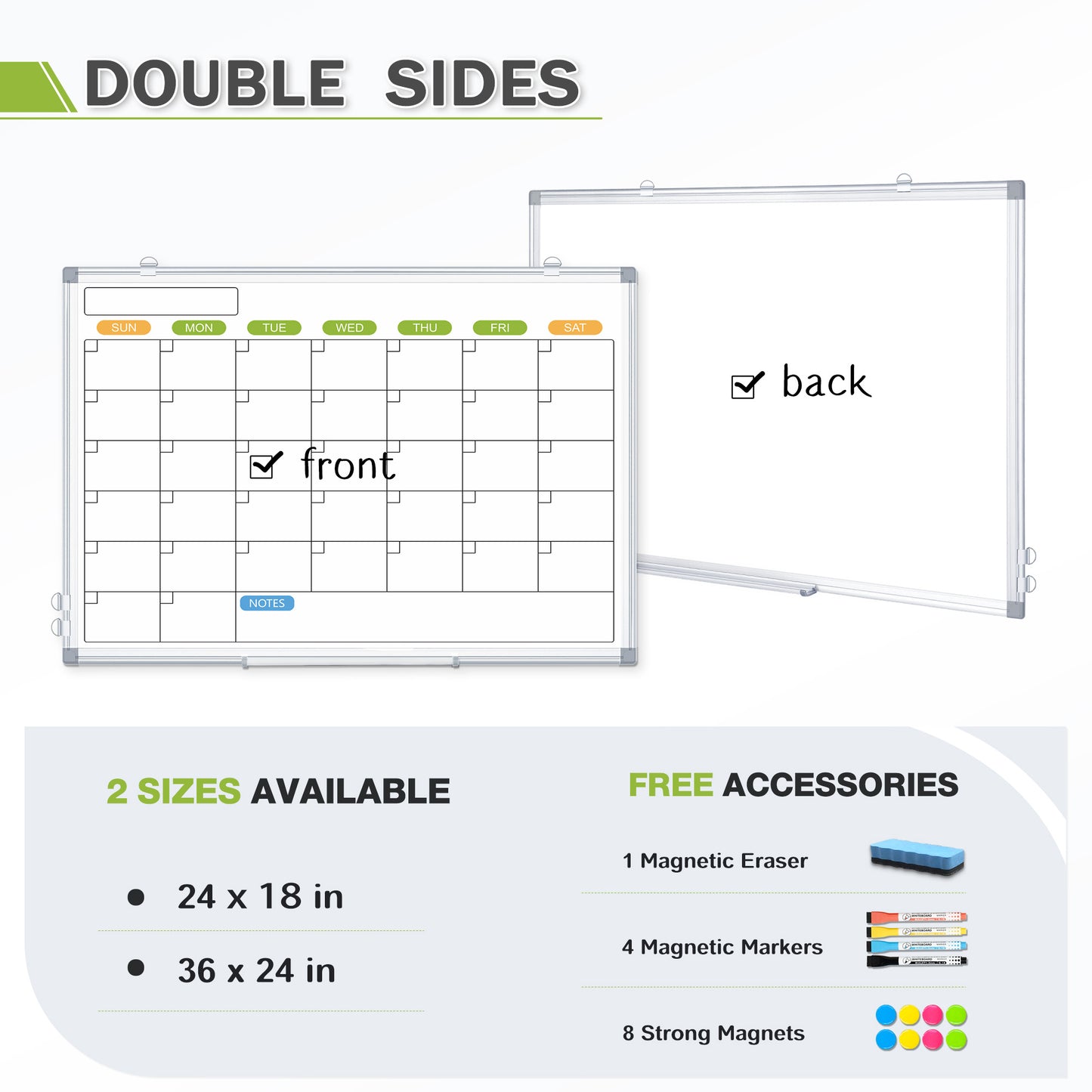 Magnetic Whiteboard Calendar for Wall, Double-Sided, with 4 Markers 8 Magnets 1 Eraser 1 Tray-Silver