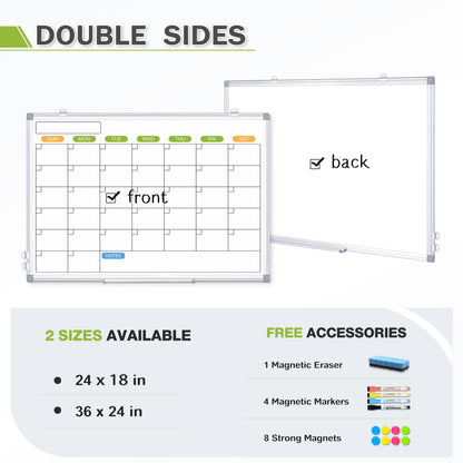 Magnetic Whiteboard Calendar for Wall, Double-Sided, with 4 Markers 8 Magnets 1 Eraser 1 Tray-Silver