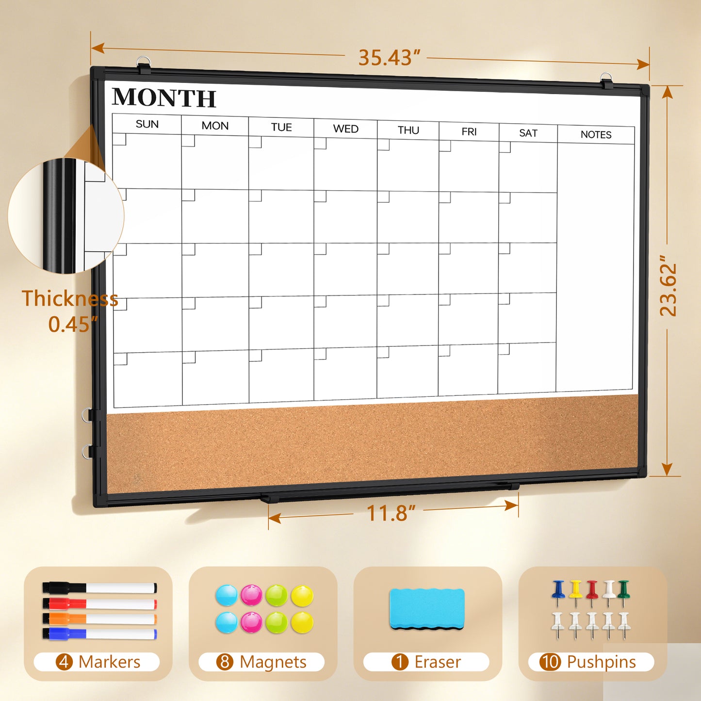 Monthly Calendar Whiteboard 24" x 18",36" x 24" Dry Erase Cork Board Combo Magnetic Double-Sided Calendar White Board and Bulletin Board