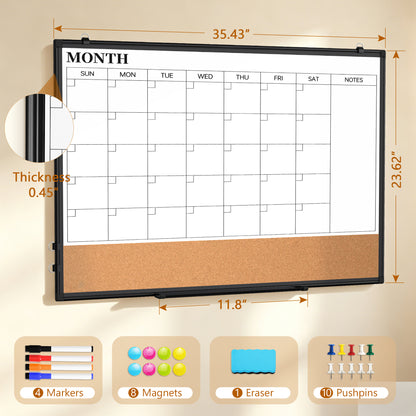 Monthly Calendar Whiteboard 24" x 18",36" x 24" Dry Erase Cork Board Combo Magnetic Double-Sided Calendar White Board and Bulletin Board