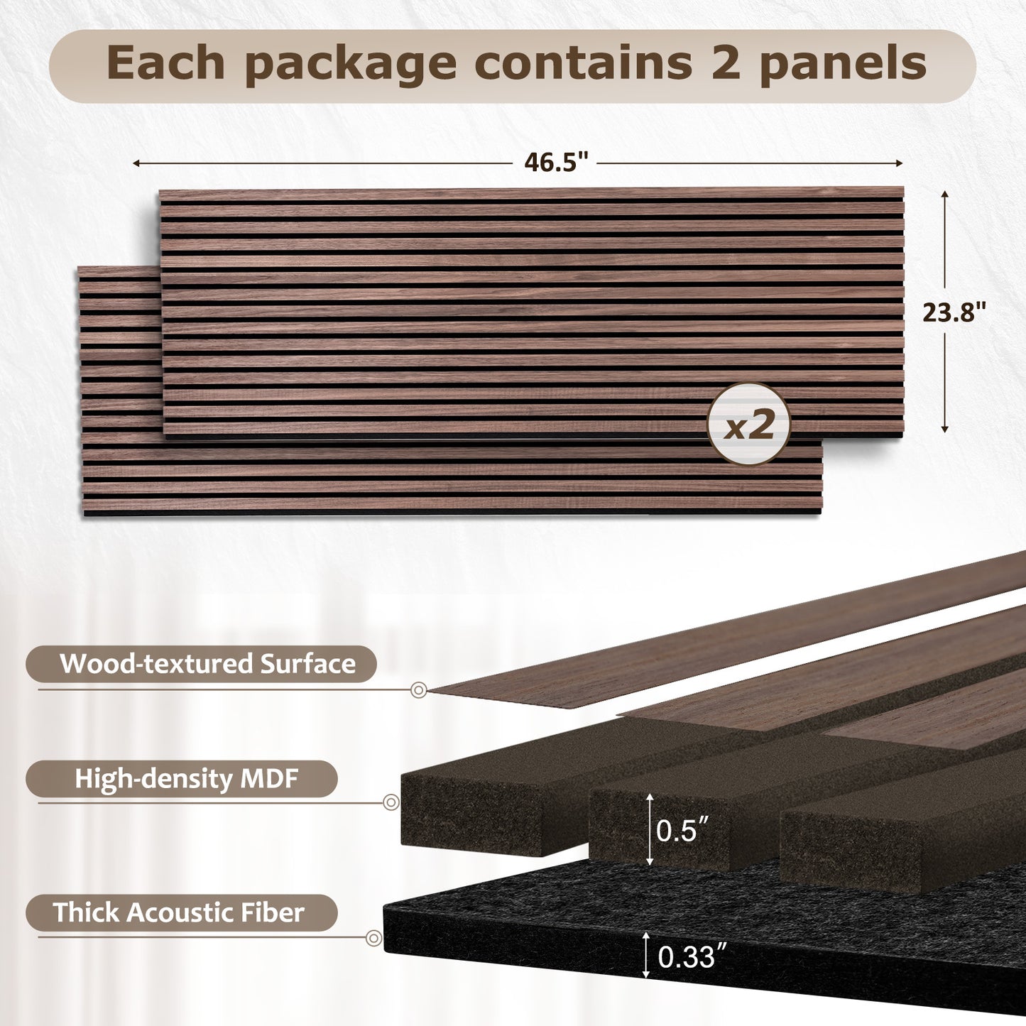 Wood Slat Acoustic Panels for Wall, 46.5" x 23.8" 2Pcs, Walnut