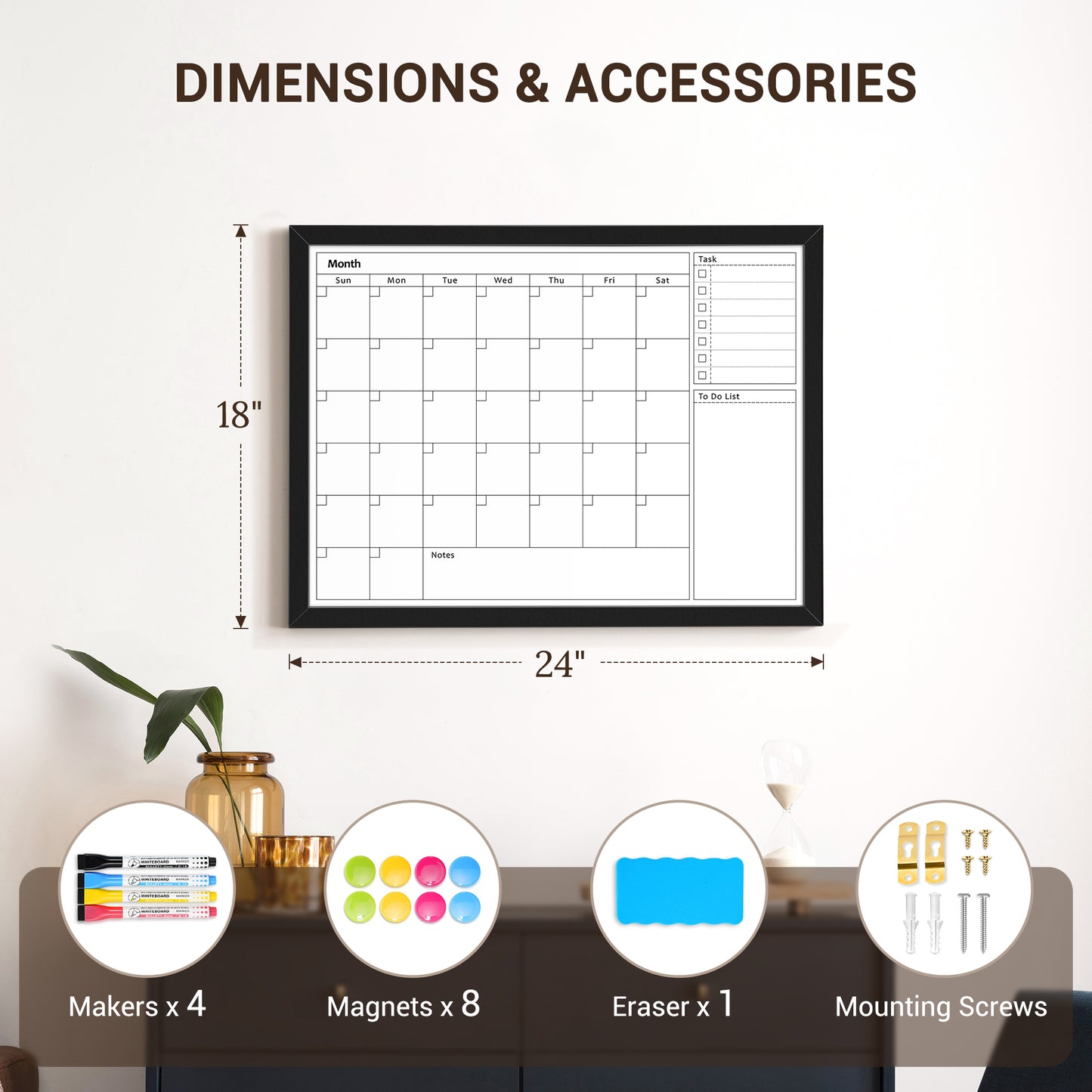 Calendar White Board Dry Erase Calendar Whiteboard 24" x 18" Wall Mount Magnetic Whiteboard Monthly Whiteboard