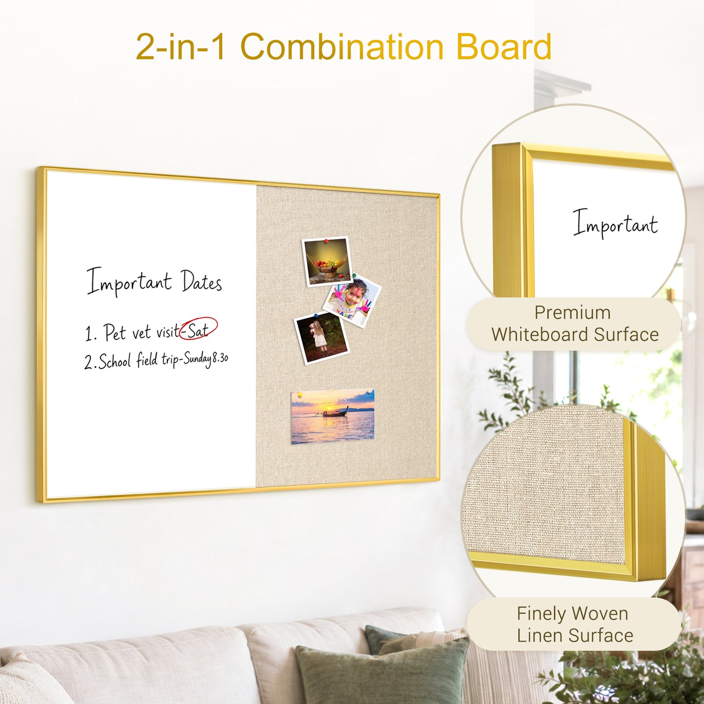 Linen Bulletin Board Whiteboard Combo 24"X18" Dry Erase Cork Board Combo Whiteboard with Beige Linen