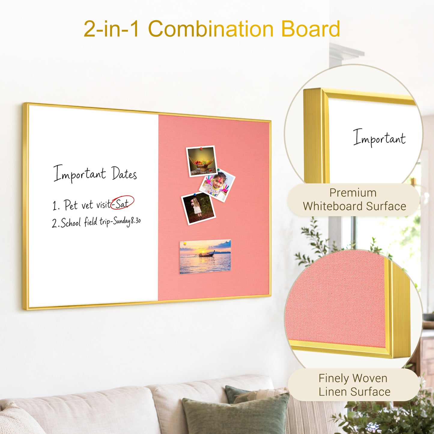 Linen Bulletin Board Whiteboard Combo 24"X18" Dry Erase Cork Board Combo Whiteboard