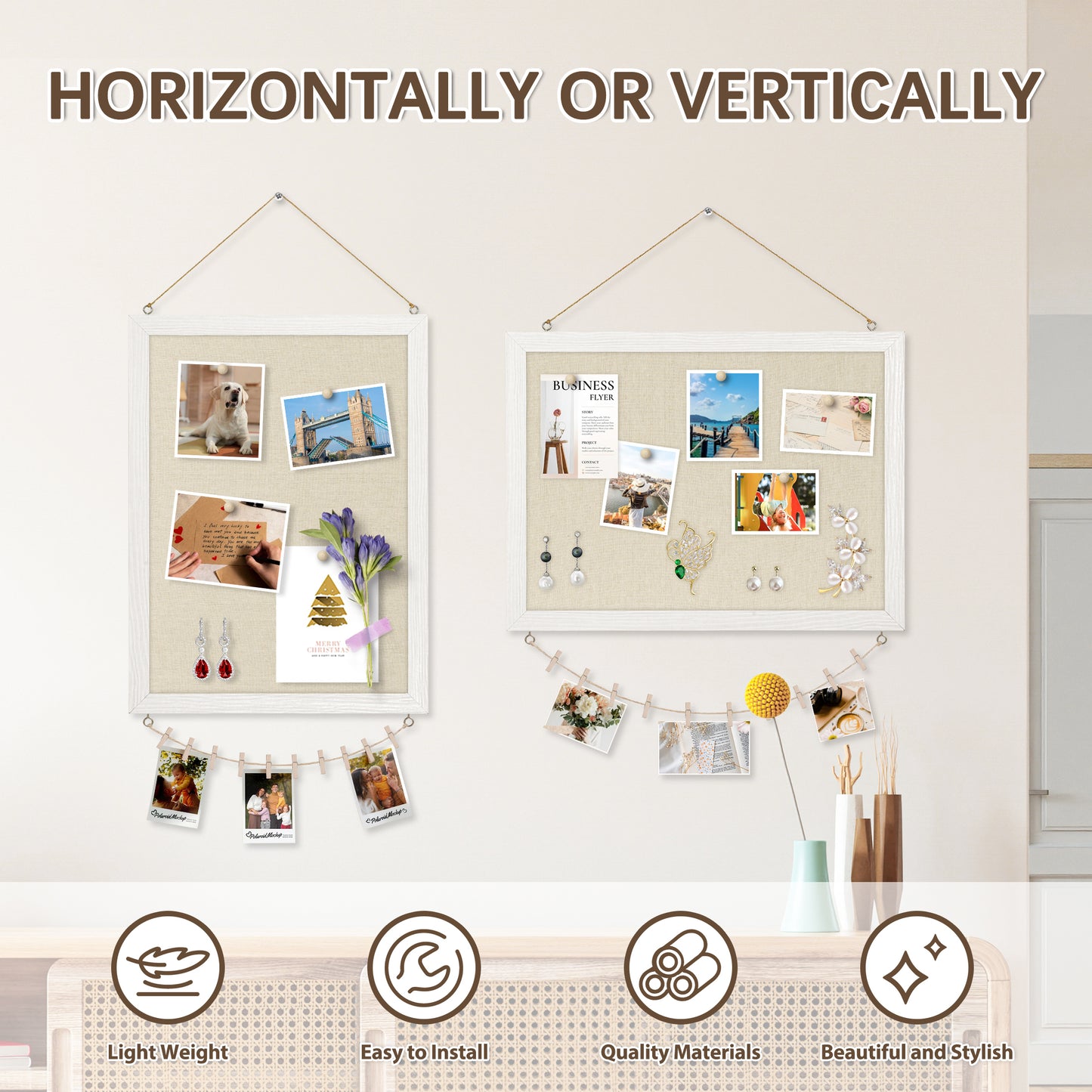 Linen Board 1-Pack 16''X 12'' Double-Sided, Wood Framed with 10 Pushpins, White