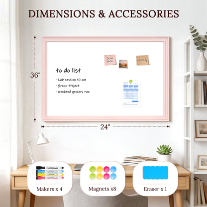 Magnetic Dry Erase Whiteboard Magnetic Whiteboard for Wall, Pink Wooden Framed
