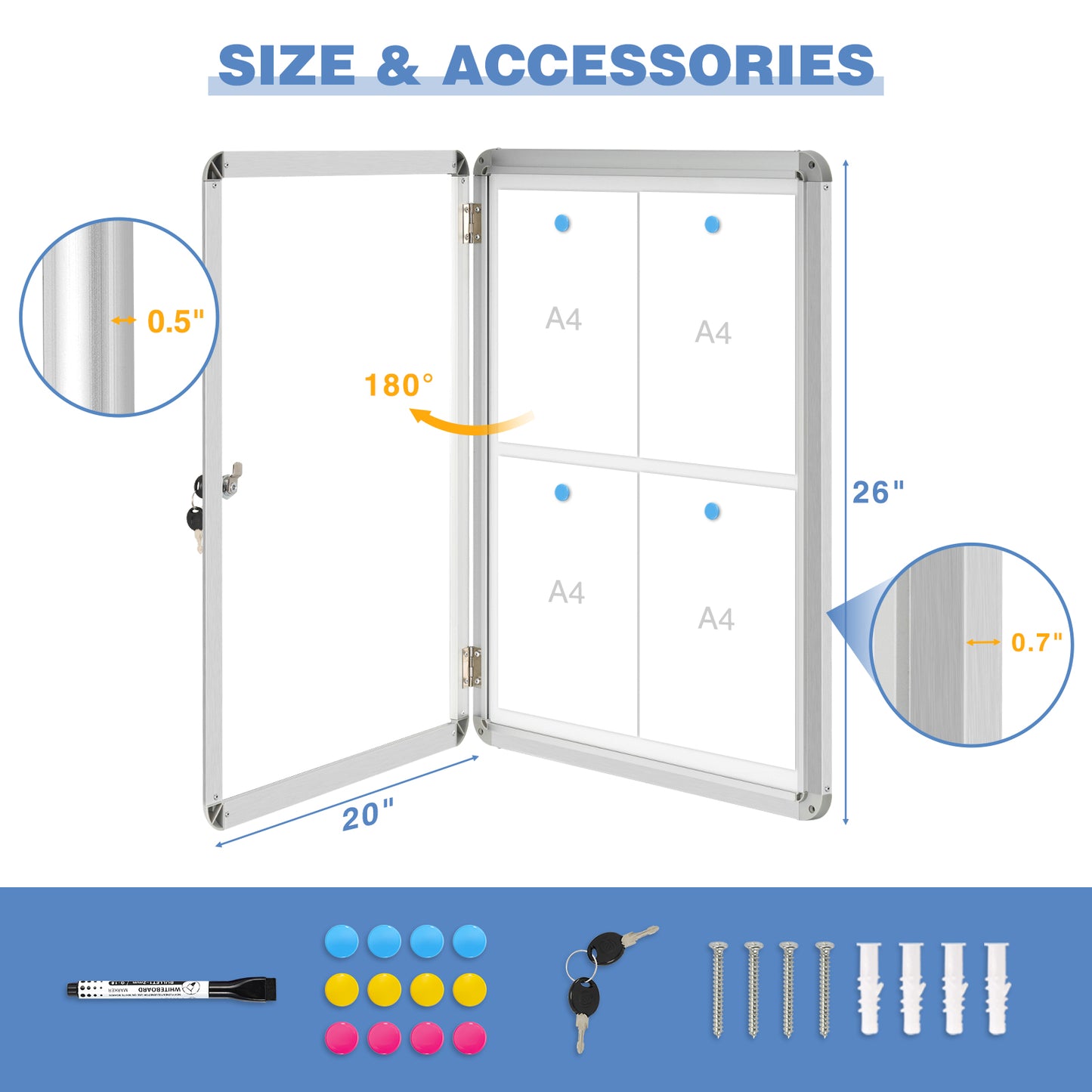 Lockable Notice Board 26"x20" Tamperproof Enclosed Display Board Whiteboard Cabinet, Sliver