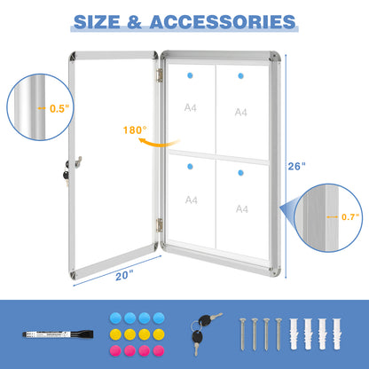 Lockable Notice Board 26"x20" Tamperproof Enclosed Display Board Whiteboard Cabinet, Sliver