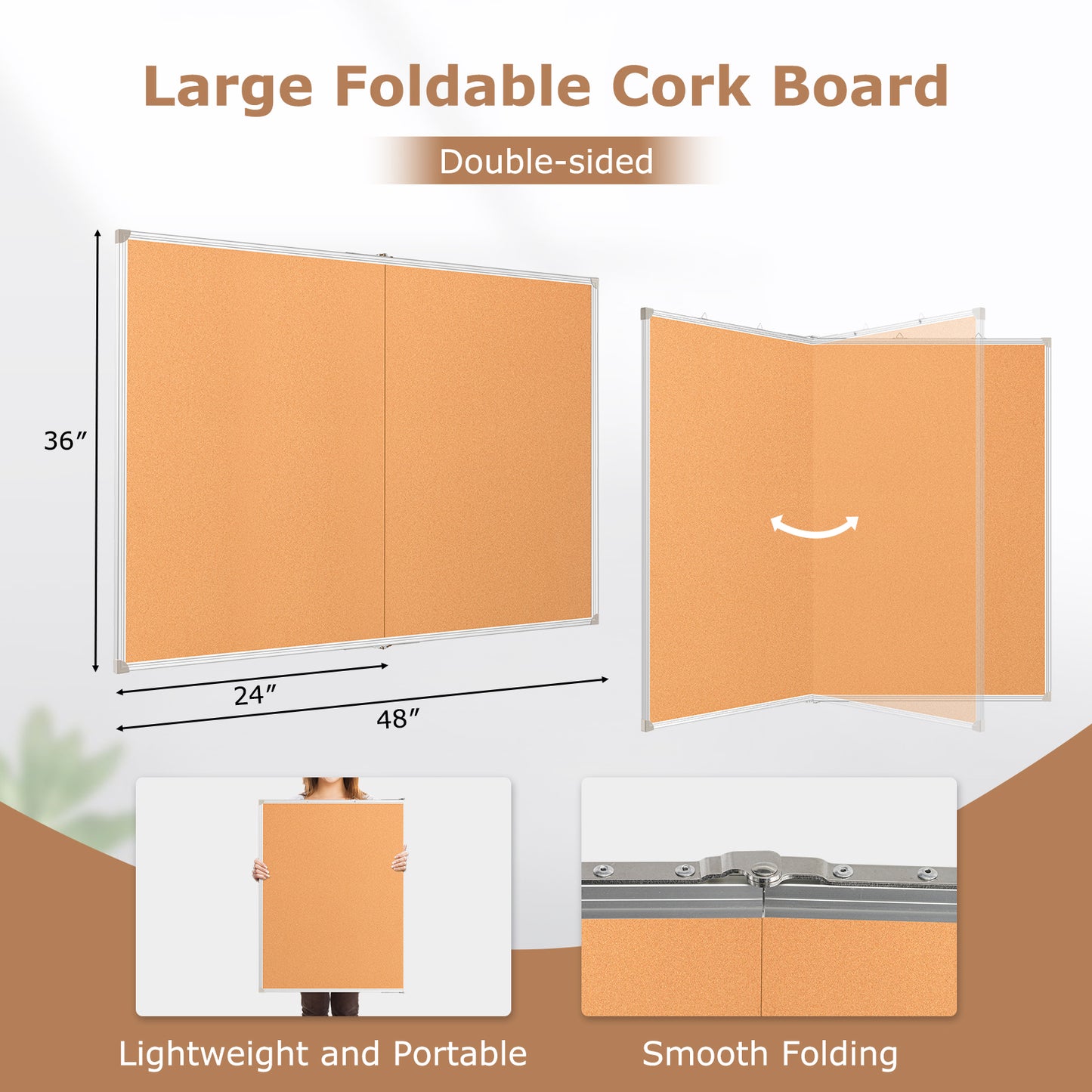 Foldable Cork Board, Double-Sided Large Corkboard for Wall Aluminum Frame with 20 Pins