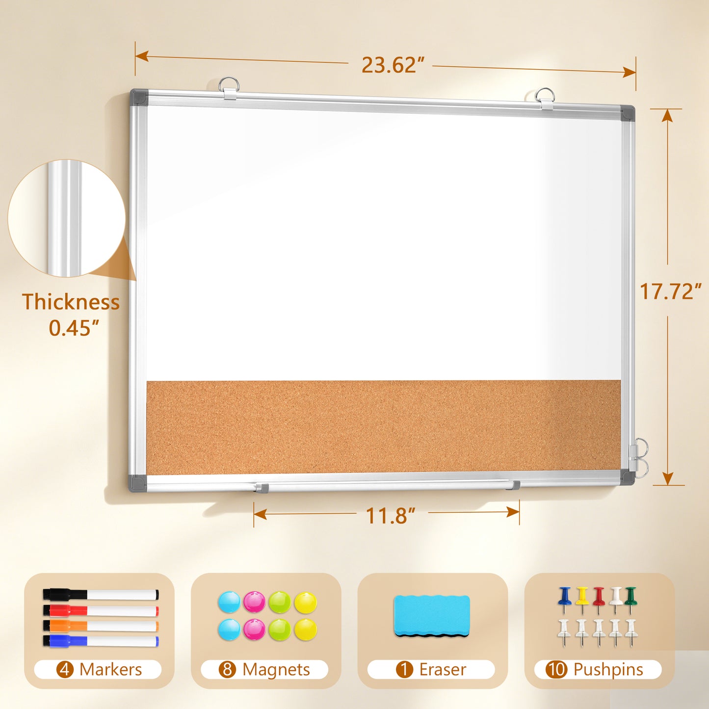 Dry Erase Board Double-Sided Whiteboard Cork Board Combo for Wall,  24" x 18", 36" x 24" Dry Erase White Board Corkboard Combination