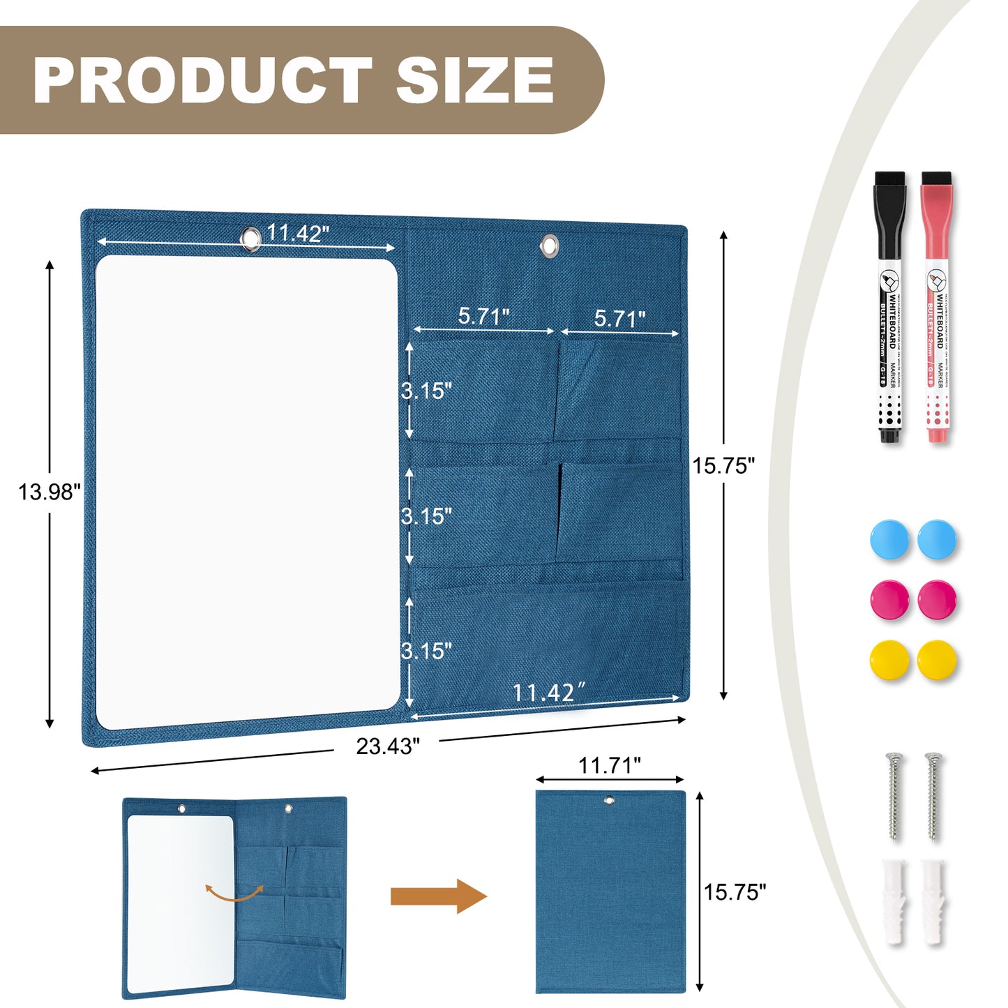Wall Hanging Organizer Canvas with Whiteboards, Small Dry Erase White Board Wall Hanging Basket with Pockets