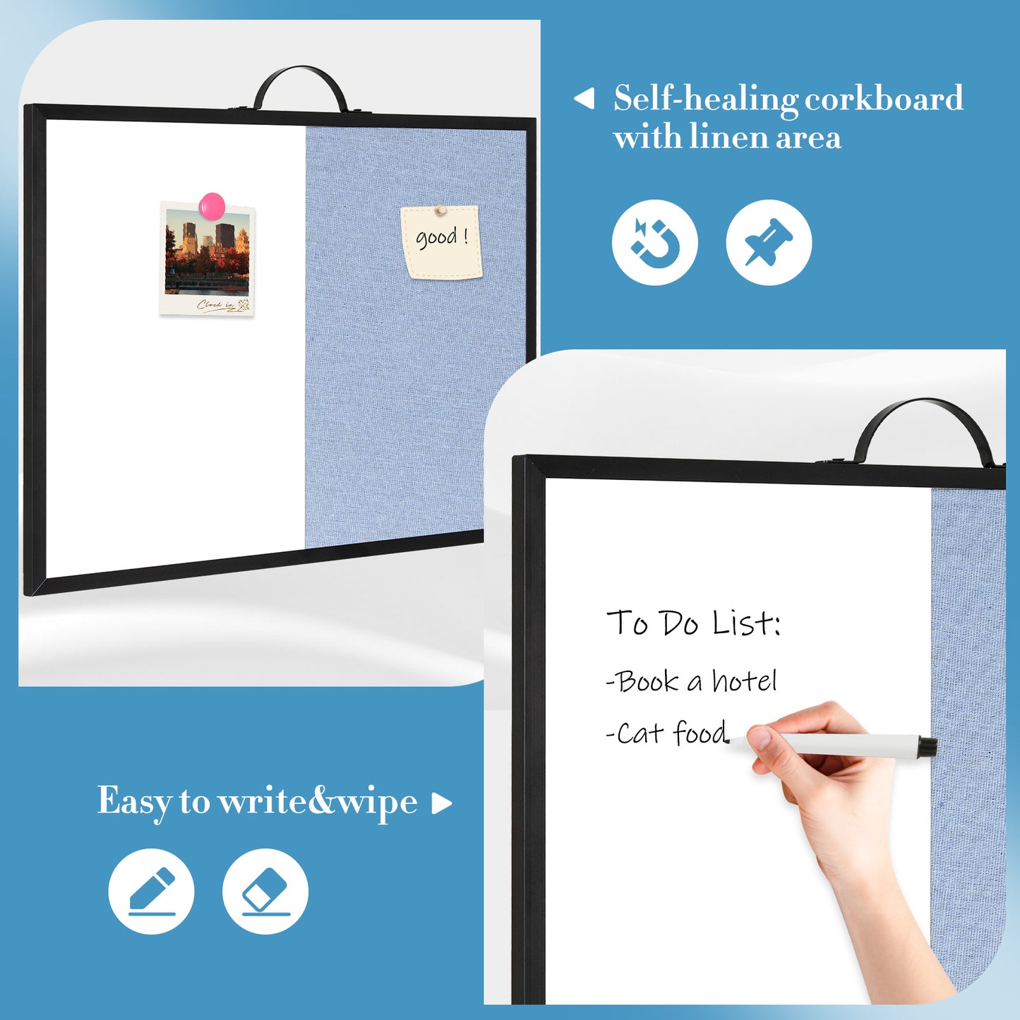 Dry Erase Linen Board, 12"x16" Small Cork Board White Board Combination, Double-Sided Magnetic Bulletin Board for Wall, Vision Board with Markers and Magnets