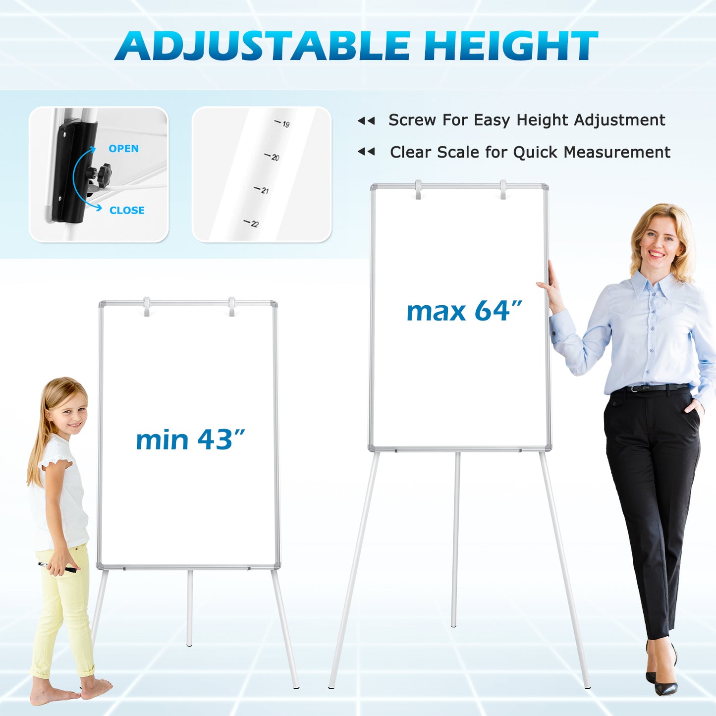 Whiteboard Easel with Tripod Stands, 36" x 24", Height Adjustable, with 8 Markers 8 Magnets 1 Eraser-Silver