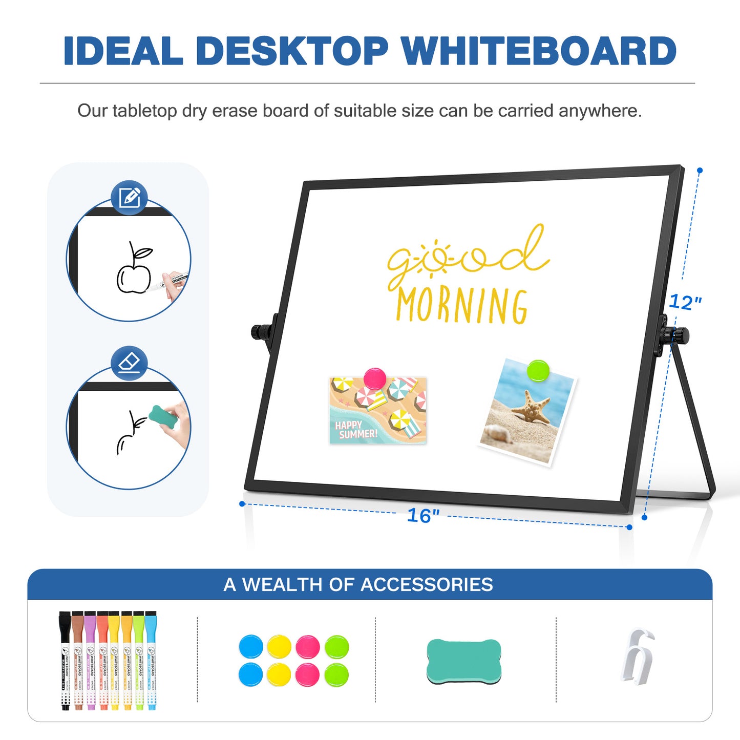 Small White Board with Stand, 16" x 12", Double-Sided with 8 Markers 8 Magnets 1 Eraser-Black