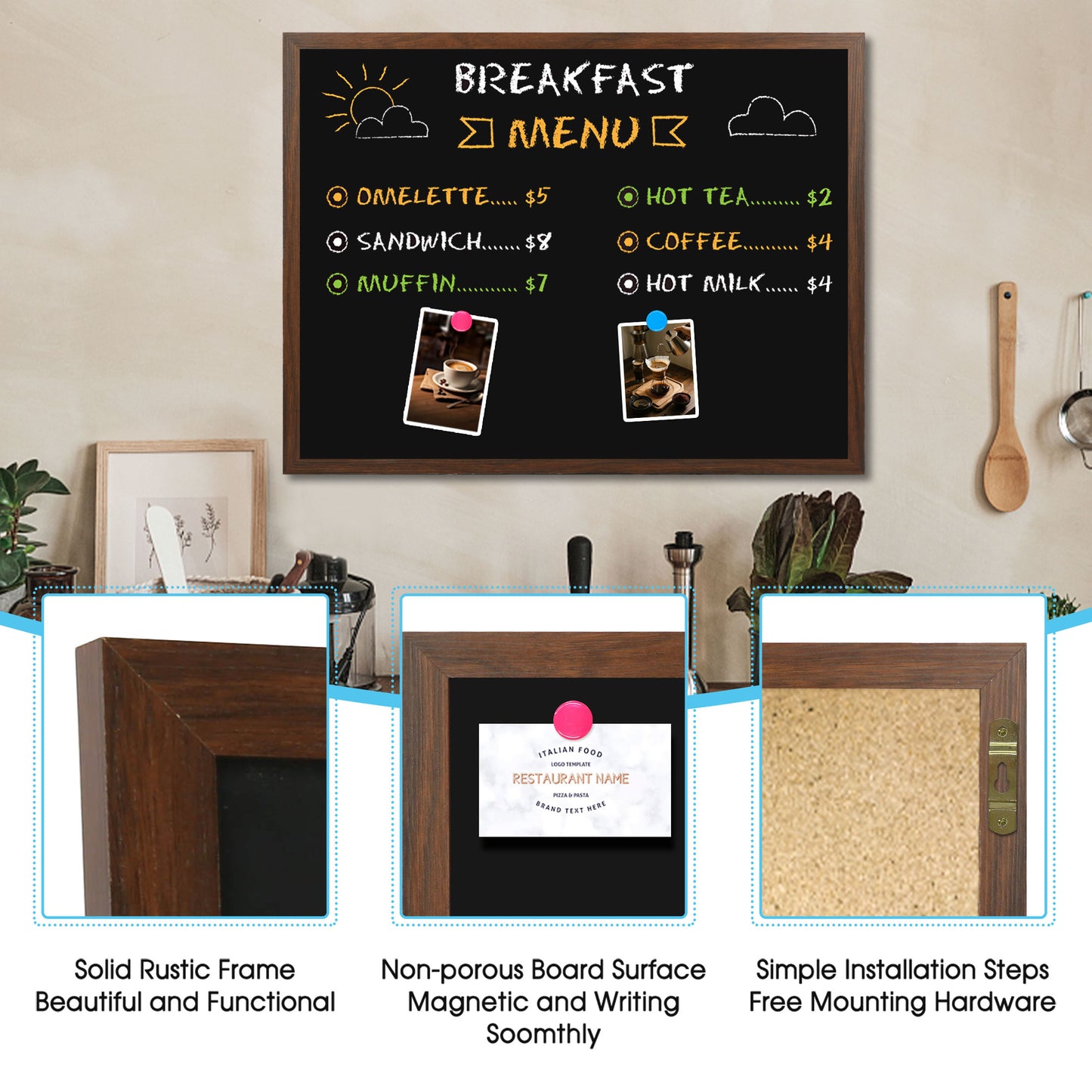 Chalkboard for Wall, Magnetic  Large Chalk Board Menu Board for Kitchen, 2 Markers 8 Magnets