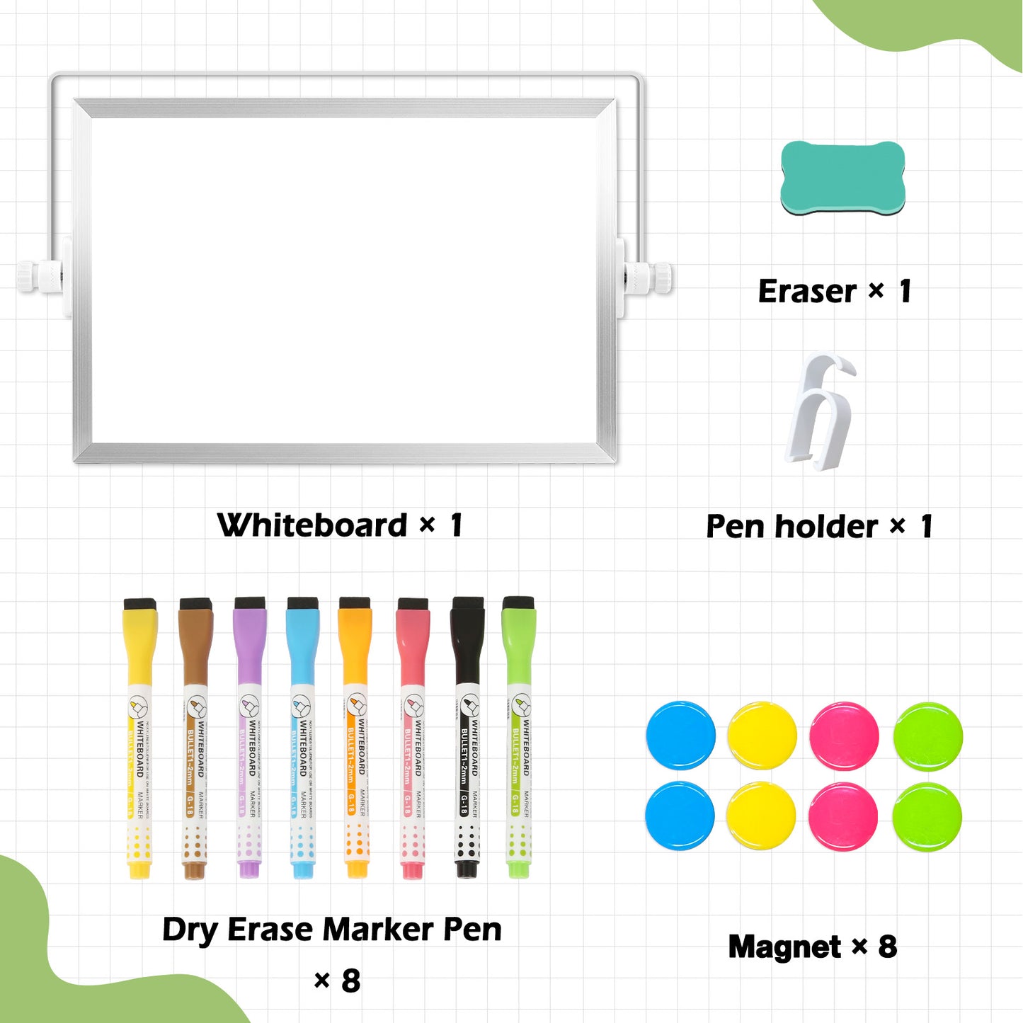 Small White Board with Stand, 12" x 8", Double-Sided with 8 Markers 8 Magnets 1 Eraser- Sliver