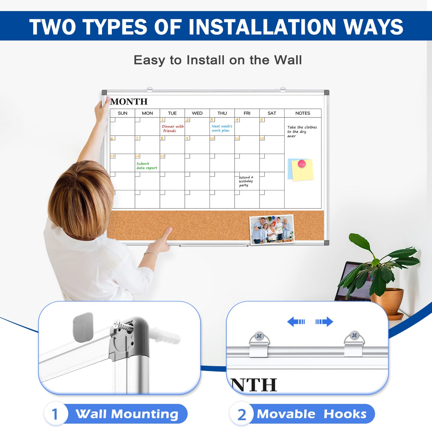 Monthly Calendar Whiteboard Dry Erase Cork Board Combination for Wall