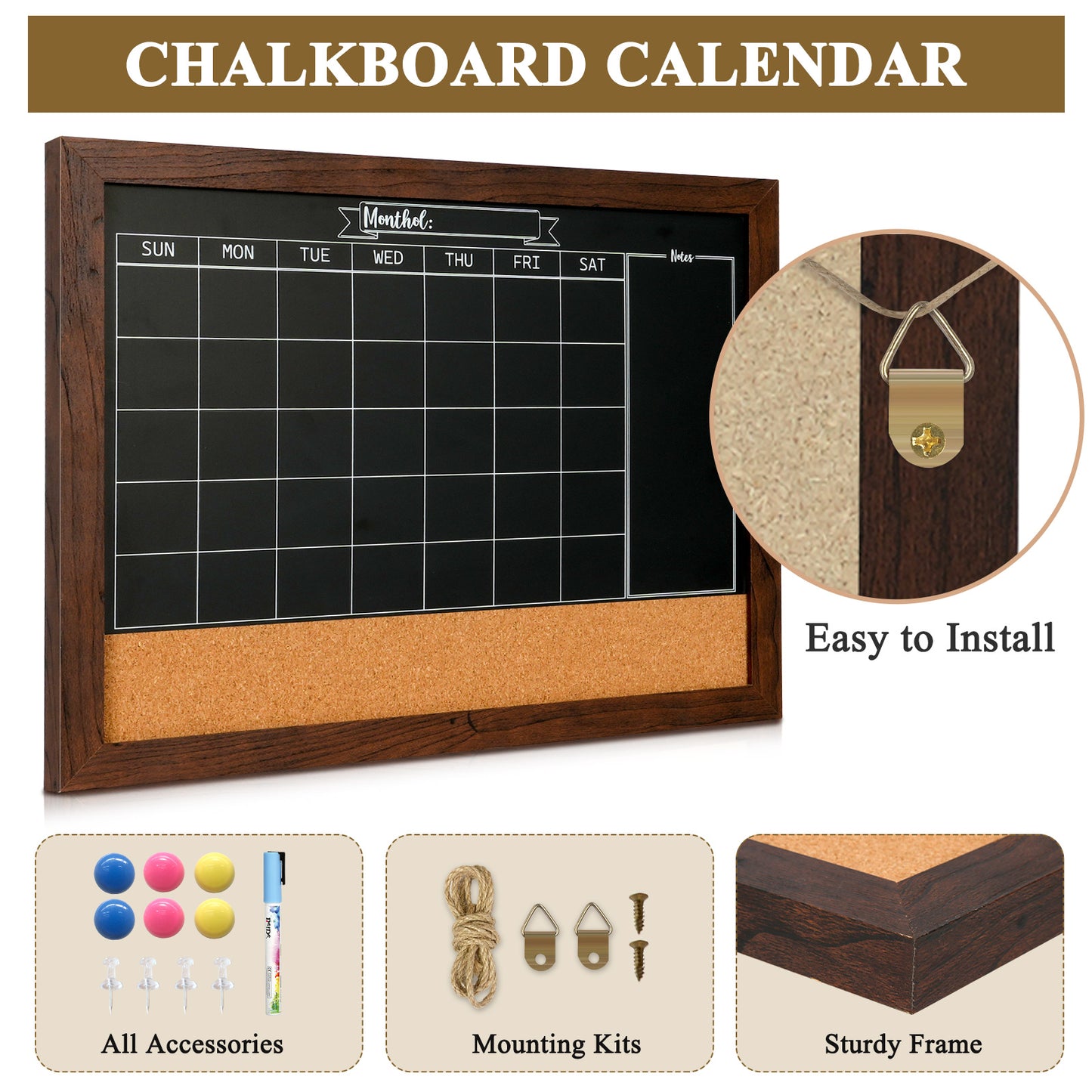 Whiteboard Calendar & Corkboard for Wall, 16"x12" Chalkboard Magnetic Dry Erase Monthly Calendar Chalkboard