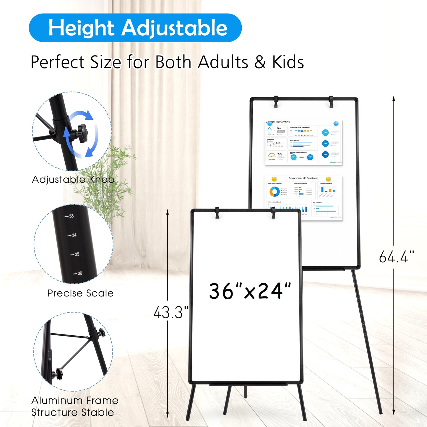 Whiteboard Easel with Stand 36" x 24" Height Adjustable Tripod Stand Portable Magnetic Dry Erase White Board