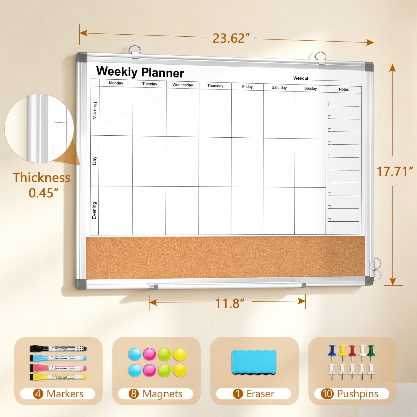 Weekly Dry Erase Calendar Whiteboard for Wall, 24" x 18" Double-Sided Weekly Planner White Board Cork Combo