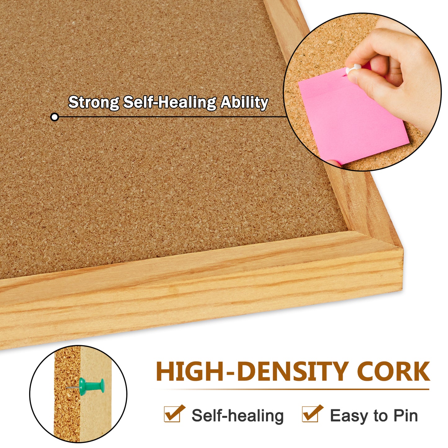 Pine Wood Frame Cork Board Bulletin Board for Wall with 20 Push Pins