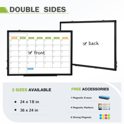 Magnetic Whiteboard Calendar for Wall, Double-Sided, with 4 Markers 8 Magnets 1 Eraser 1 Tray-Black