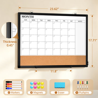 Monthly Calendar Whiteboard 24" x 18",36" x 24" Dry Erase Cork Board Combo Magnetic Double-Sided Calendar White Board and Bulletin Board
