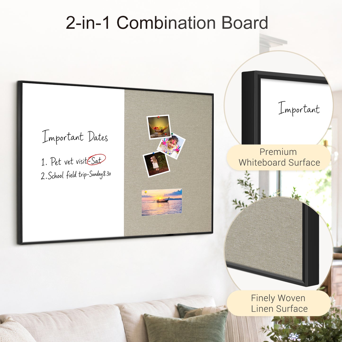 Linen Bulletin Board Whiteboard Combo 24"X18" Dry Erase Cork Board Combo Whiteboard with Grey Linen