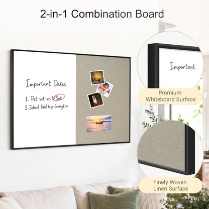 Linen Bulletin Board Whiteboard Combo 24"X18" Dry Erase Cork Board Combo Whiteboard with Grey Linen