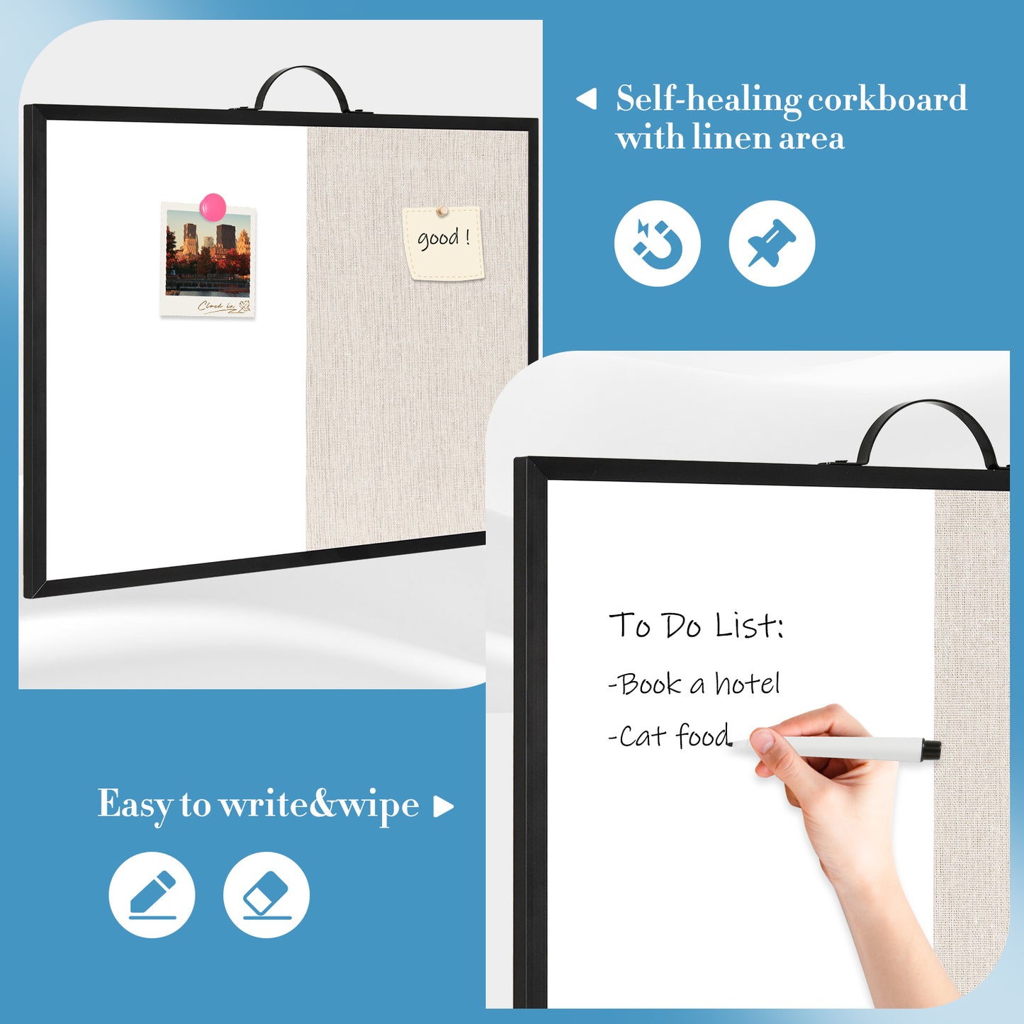 Dry Erase Linen Board, 12"x16" Small Cork Board White Board Combination, Double-Sided Magnetic Bulletin Board for Wall, Vision Board with Markers and Magnets