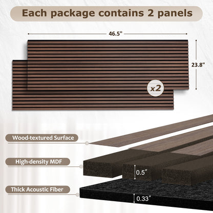 Wood Slat Acoustic Panels for Wall, 46.5" x 23.8" 2Pcs, Ebony